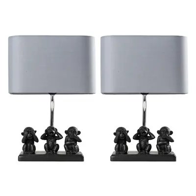 Pair of Modern Black Three Wise Monkeys Table Lamps with a Grey Shade - Complete with 4w LED Bul