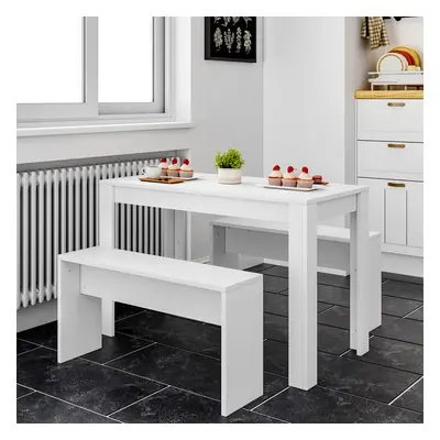 (White) Modern Dining Room Table and Benches Set Piece