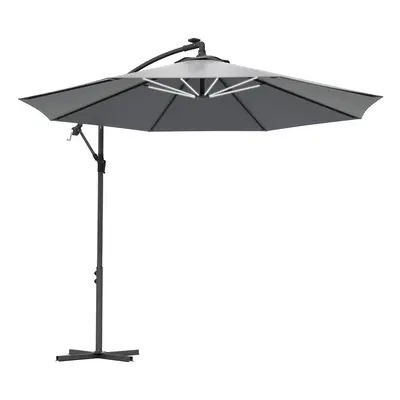 Outsunny 3(m) LED Patio Banana Umbrella Cantilever Parasol w/ Crank, Grey