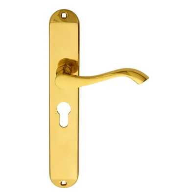 PAIR Curved Lever on Long Slim Euro Lock Backplate x 40mm Polished Brass