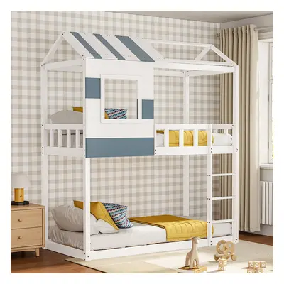 Modern Twin Bunk Bed Slatted Board House Shaped