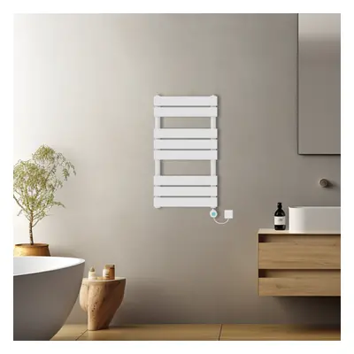 (White, 800x450mm) Prefilled Electric Flat Panel Heated Towel Rail Radiator Thermostatic WIFI