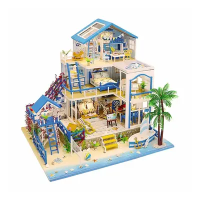 Wooden DIY Beach Villa Doll House Miniature Kit Handmade Assemble Toy with LED Light for Birthda