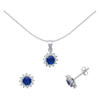 Jewelco London Ladies Sterling Silver Sapphire-Blue Cubic Zirconia Cluster Earrings Necklace Set