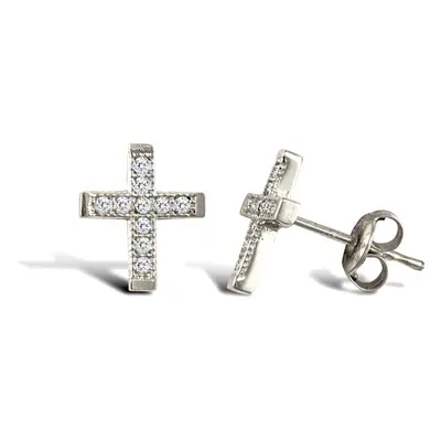 Jewelco London Ladies 9ct White Gold White Round Brilliant Cubic Zirconia Mini Cross Stud Earrin