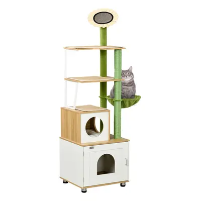 PawHut Cat Tree w/ Litter Box, Scratching Post, Cat House, Hammock - Oak Tone