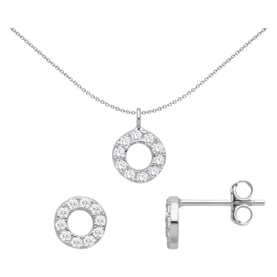 Jewelco London Ladies Rhodium Plated Sterling Silver CZ Circle Halo O Earrings Necklace Set - GS