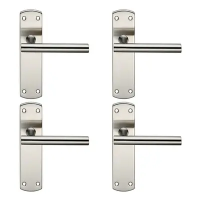 4x Mitred T Bar Lever Door Handle on Latch Backplate x 44mm Satin Steel