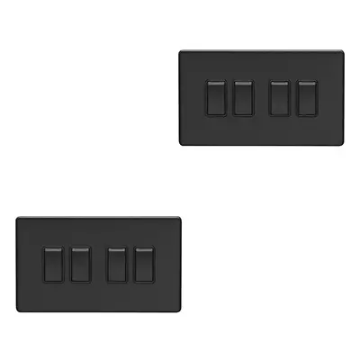 2 PACK Gang Quad Light Switch SCREWLESS MATT BLACK Way 10A Slim Rocker