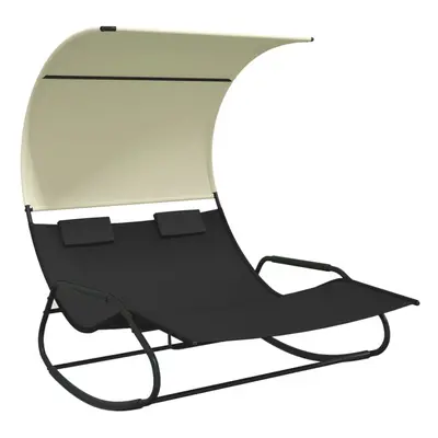 (black) vidaXL Rocking Double Sun Lounger with Canopy Garden Sun Bed Outdoor Day Bed