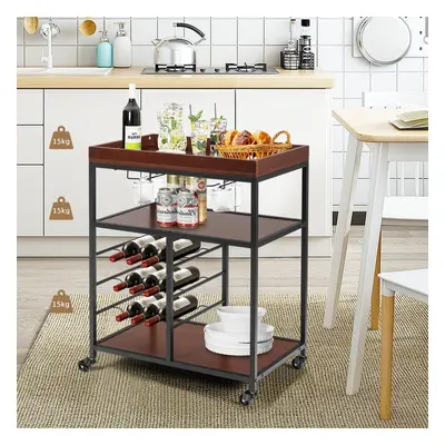 Kitchen Island Cart 3-Tier Rolling Bar Serving Trolley With Wine Rack