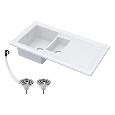 101cm 1.5 Bowl Fireclay Inset Kitchen Sink, Drainer and Compatible Wastes, White