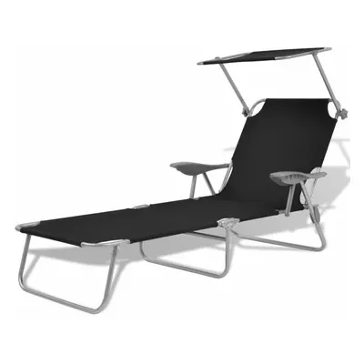 vidaXL Outdoor Sun Lounger with Canopy Patio Furniture Black Steel 58x189x27 cm