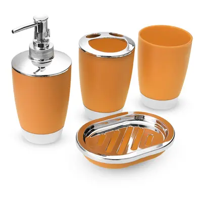 (Orange) 4Pcs Plastic Bathroom Set Cup Toothbrush Holder Soap Dish Dispenser Bottle Washroom Acc