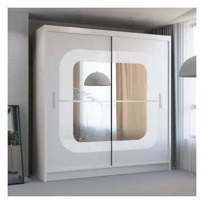 (203 cm, WHITE WITH WHITE STRIP) Leeds Modern Sliding Mirror Door Wardrobe