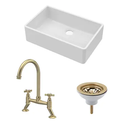 Fireclay Kitchen Bundle - Single Bowl Butler Sink, Waste & Bridge Crosshead Mixer Tap, 795mm - B