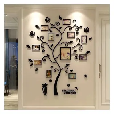 (Black, L) Photo Picture Frame Family Tree 3D Acrylic Home Wall Sticker Removable Decoration