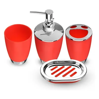 (Red) 4Pcs Plastic Bathroom Set Cup Toothbrush Holder Soap Dish Dispenser Bottle Washroom Access