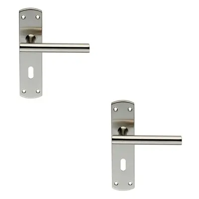 2x Mitred T Bar Lever Door Handle on Lock Backplate x 44mm Satin Steel