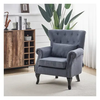 (Grey) Luxurious Velvet Button Armchair with Toss Pillow