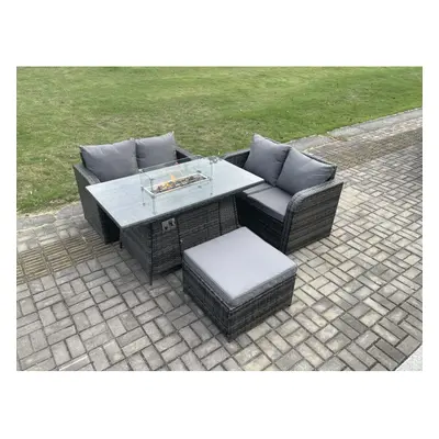 Fimous Rattan Garden Furniture Set with Gas Fire Pit Table Footstool Pieces Outdoor Loveseat Sof