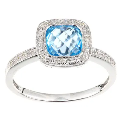 (K) Jewelco London 9ct White Gold Cushion Blue Topaz and Diamond Halo Ring