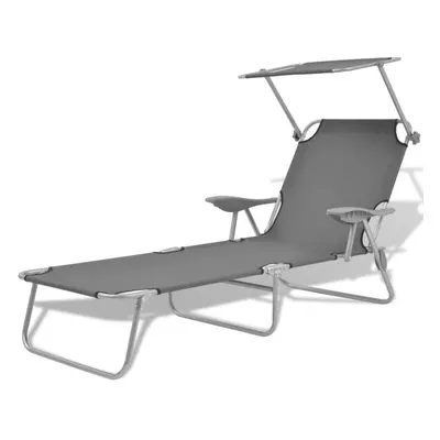 vidaXL Outdoor Sun Lounger with Canopy Patio Furniture Grey Steel 58x189x27 cm