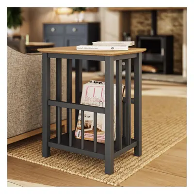 FWStyle Solid Oak Side Storage Table Graphite Blue Ready Assembled