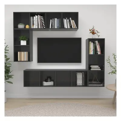 vidaXL TV Cabinet Set Piece High Gloss Grey Chipboard Stand Living Room