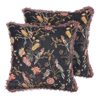 Set of Velvet Fringed Cushions with Flower Pattern x cm Black and Pink MORUS