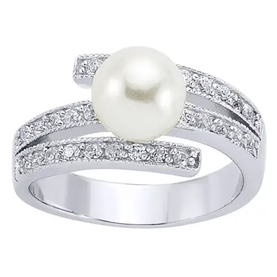 (Q) Jewelco London Ladies Rhodium Sterling Silver Cubic Zirconia & Simulated Pearl Crossover Ful