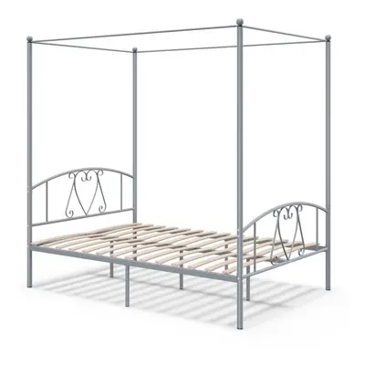 Double Size Metal Canopy Bed Frame 4-Poster Modern Platform Wooden Slat Support