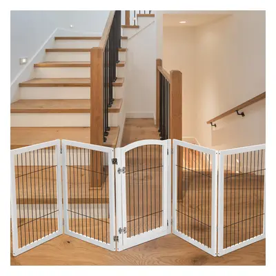 (White, Panels) Wooden Dog Gate Folding Pet Playpen Safety Fence Barrier with Walk Through Door