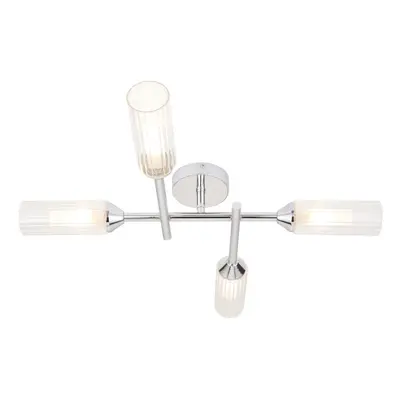 Chrome Semi Flush Bathroom Ceiling Light - Ribbed & Frosted Glass - Bulb