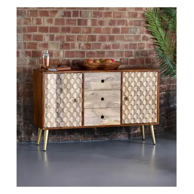 Mango Wood Large Drawer Two Tone Sideboard Door Storage with CNC Cut-Outs