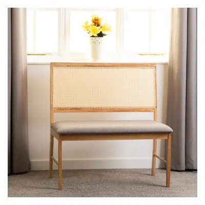 Ellis Seater Bench in Oak Effect with Rattan Back and Grey Fabric