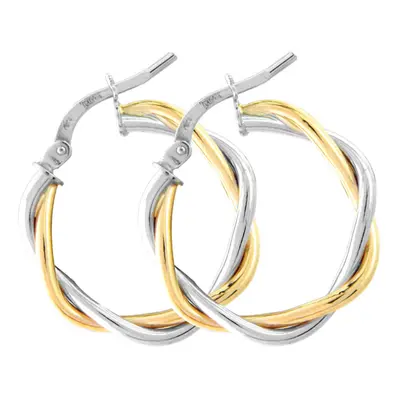 Jewelco London Ladies 9ct White Yellow Gold Weaved Twist Hoop Earrings - 15mm - ERNR02752