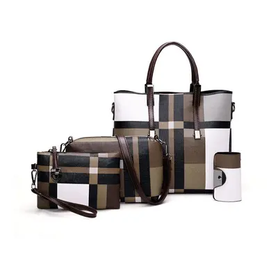 (Coffee) 4PCS PU Leather Fashion Lattice Shoulder Bag Set For Female