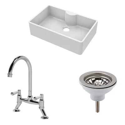 Fireclay Kitchen Bundle - Single Bowl Butler Sink with Tap Ledge, Waste & Bridge Mixer Tap, 795m