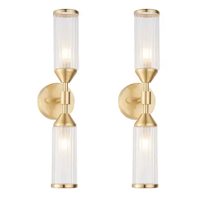 2 PACK Satin Brass Twin Wall Light & Ribbed Glass Shades Frosted Glass Defusers