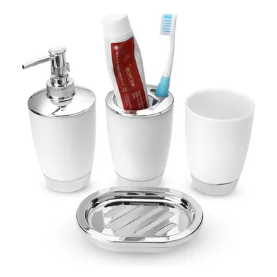 (White) 4Pcs Plastic Bathroom Set Cup Toothbrush Holder Soap Dish Dispenser Bottle Washroom Acce