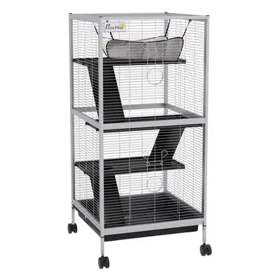 PawHut Rolling Small Animal Cage for Chinchillas Ferrets Kittens W/ Ramp Grey