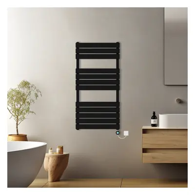 (Black, 1200x600mm) Prefilled Electric Flat Panel Heated Towel Rail Radiator Thermostatic WIFI