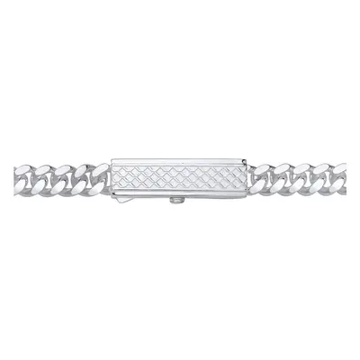 Jewelco London Mens Rhodium Plated Sterling Silver Engine Turned Rectangular Bar Buckle Curb Cha