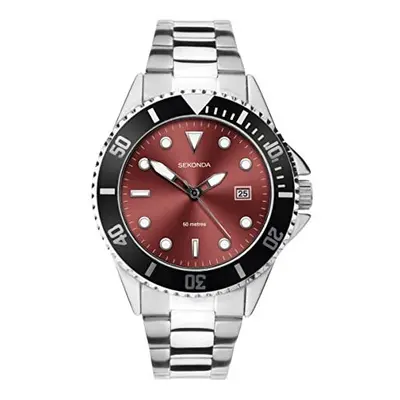 Sekonda Mens Sports Analogue Quartz Watch with Red Dial and Silver Bracelet