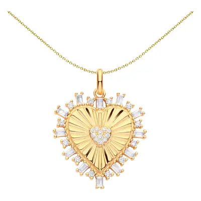 Jewelco London Ladies Gold-Plated Sterling Silver Baguette CZ Fluted Sunburst Love Heart Pendant