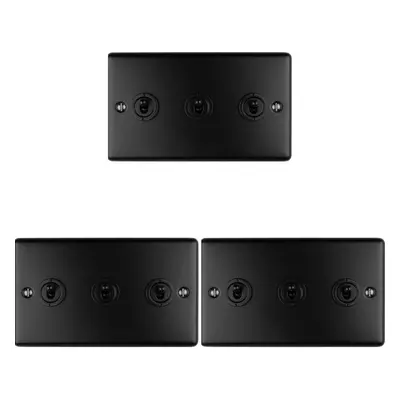 3 PACK Gang Triple Retro Toggle Light Switch MATT BLACK 10A Way Plate