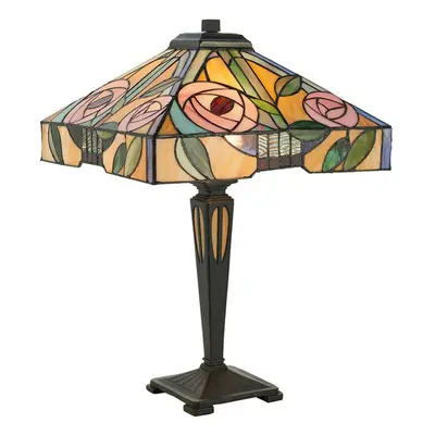 Tiffany Glass Table Lamp Light Dark Bronze & Multi Colour Rose Shade i00234