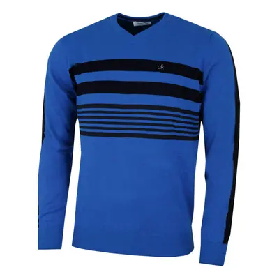 (M, Roy/Black) Calvin Klein Mens V-Neck Performance Soft Chest Stripe Sweater