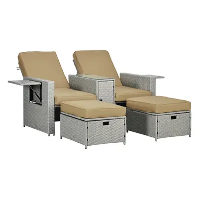 Outsunny Recliner Rattan Sun Lounger w/ Storage Tea Table & Footstools, Beige